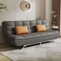  brown 3 seater click-clack sofa bed with tufted leatherette upholstery, metal angled legs, and modern couch bed design