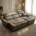  L shape sofa bed in grey with adjustable backrests, pull-out platform, extended chaise, and modern living room styling