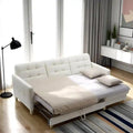  cream L shape sofa bed with chaise storage, pull-out sofa cum bed function, square tufted upholstery, and modern couch bed comfort