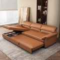  tan brown sofa bed showing open under-seat storage, pull-out base, and practical sofa bed storage design
