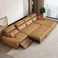 brown L shape couch bed with pull-out sleeper function, USB port, and lounge seating
