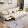 L shape sofa cumm bed with storage in beige faux leather front view