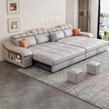  grey pull-out sofa bed with adjustable backrests, integrated side shelf, quilted seats, and modern sofa bed design