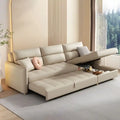 Sofa cumm bed with storage chaise, L shape sofa bed layout, pull-out sofa bed function, beige faux leather finish, square-tufted cushions, and couch bed comfort