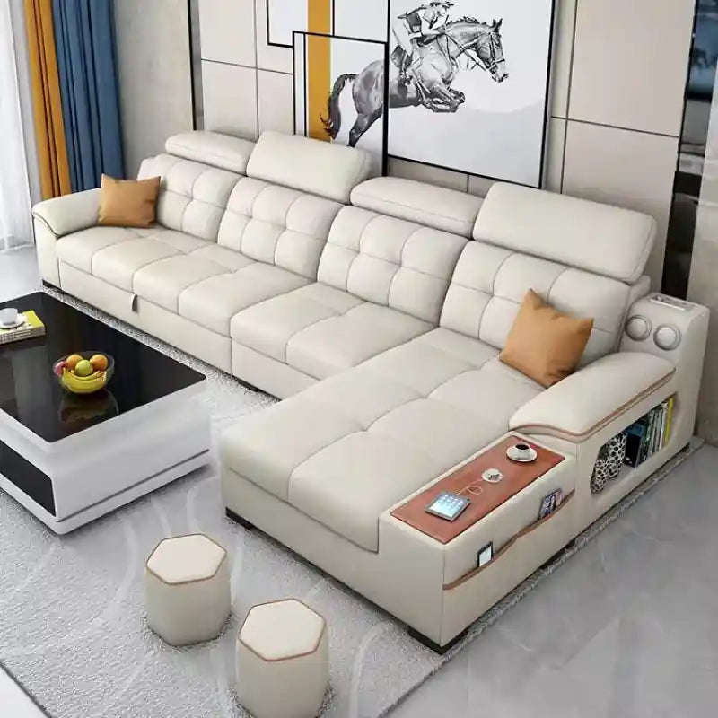  light grey sofa cum bed with cup holder console, wooden tray, storage drawer, and modern tufted cushions