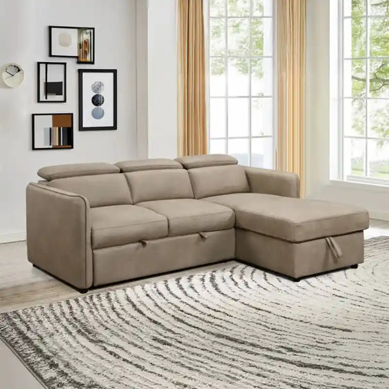 pull-out sofa bed showing open chaise storage and flat sleeping surface