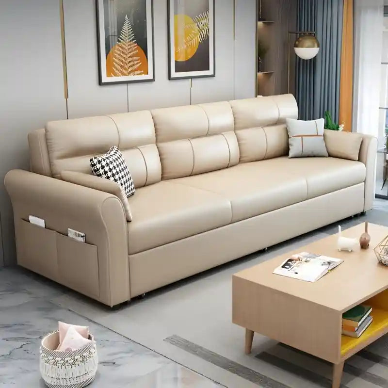  cream sofa cam bed front view with clean lines, side storage pocket, cushioned backrest, and modern couch bed comfort