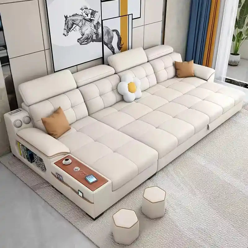 sofa cum bed with console in beige front view with tufted cushions