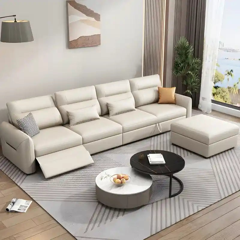 Close-up of  sofa cumm bed beige faux leather stitched panel detailing