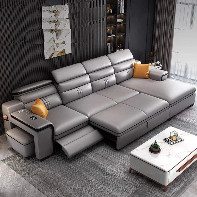 Sofa Cumm Bed with grey leatherette design, wireless charger, 3-seater seating, durable wood frame and convertible sofa bed functionality.