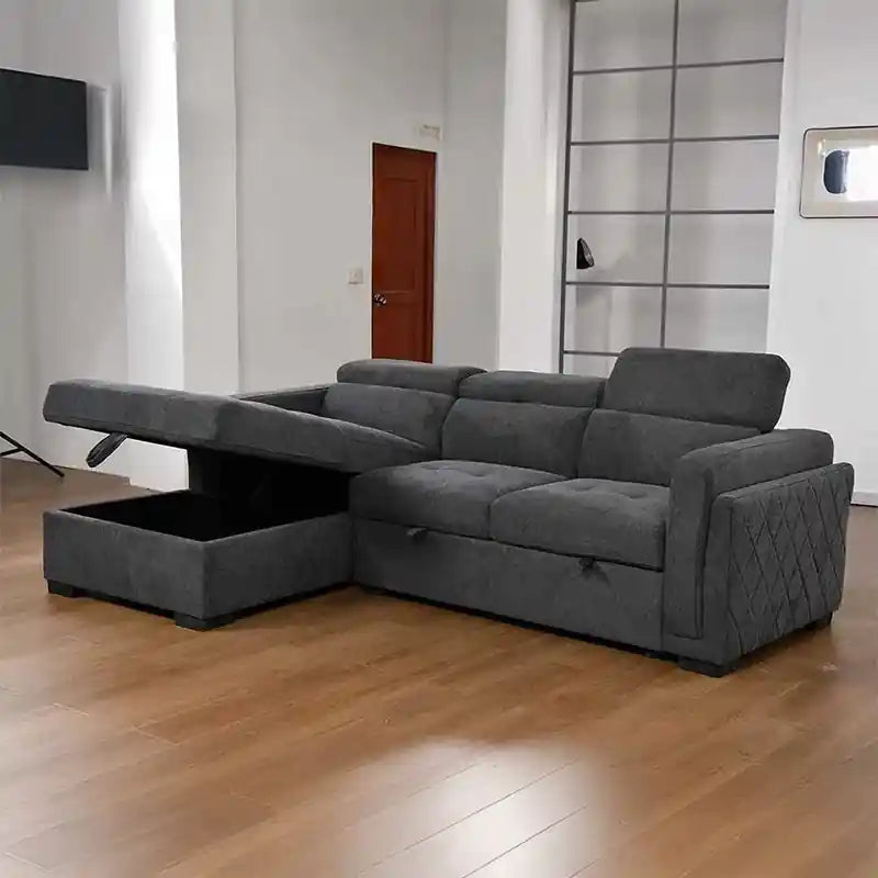  grey sofa cumm bed with pull-out bed function, lift-up chaise storage, and segmented back cushions