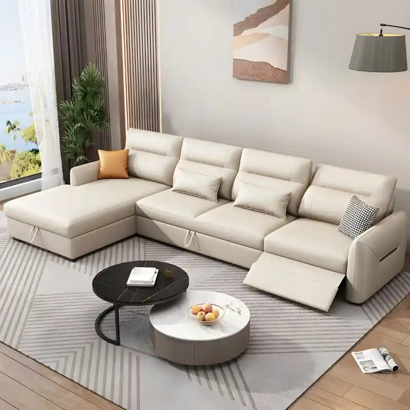 Close-up of  sofa bed adjustable backrest and wide armrest detail