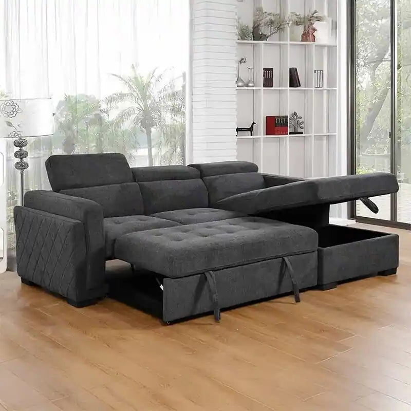  grey sofa bed storage design with chaise lounge, tufted seat detailing, and padded armrests