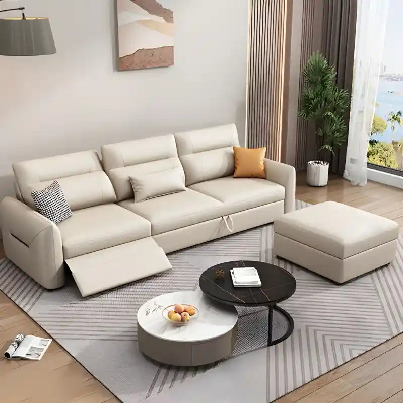 Wide living room view of  L shape sofa cumm bed with storage