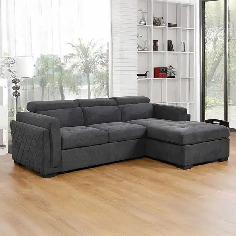  L shape couch bed in grey with chaise storage, low black block legs, and compact sofa bed layout