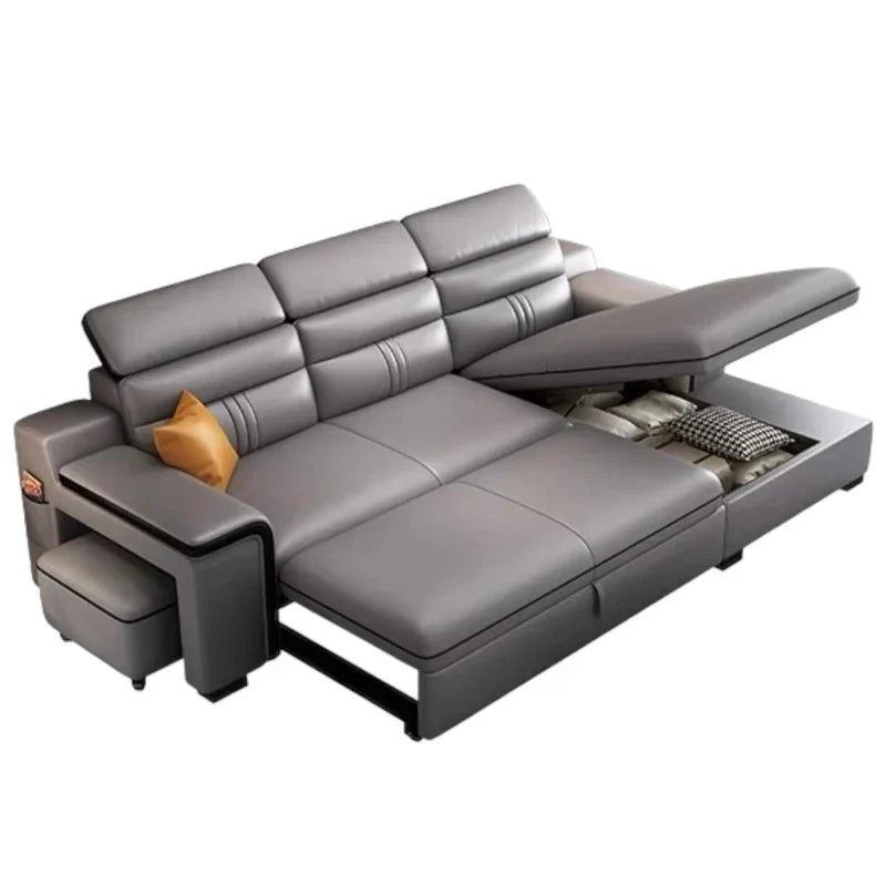 Upholstered in grey leatherette with contrast mustard cushions, the Sofa Cumm Bed converts smoothly from a three-seater couch into a full-size sleeper bed for guests.