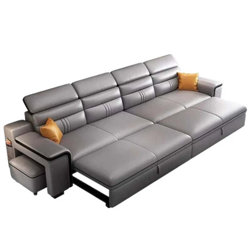 Features include hidden sofa bed storage, a pull-out footrest, and an integrated side table with USB and wireless charging, making this Sofa Cumm Bed a practical and modern sofacumbed for everyday living.
