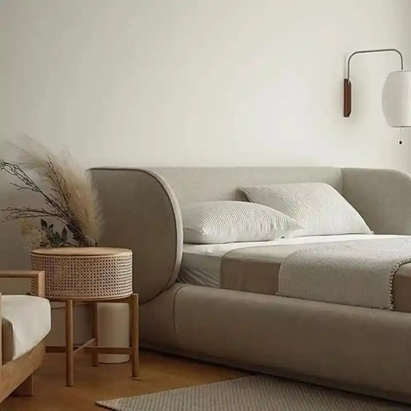 Norix pet-friendly, apartment-ready; Norix platform bed shown as an upholstered bed.