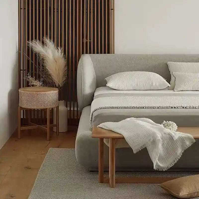 Norix transform your master bedroom with this elegant , featuring a plush upholstered in soothing green or beige tones.; Norix platform bed shown as an upholstered bed.