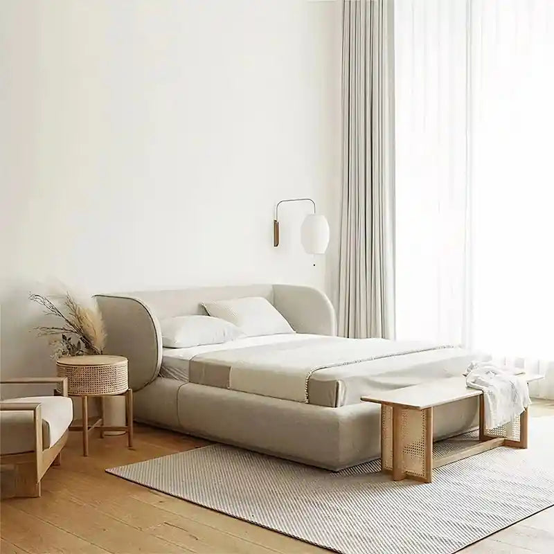 Norix with its low-profile structure, concealed base; Norix platform bed shown as an upholstered bed.