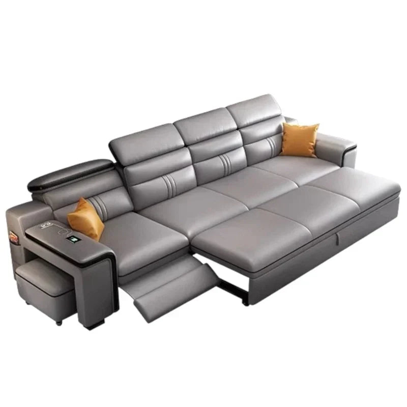 Designed as a convertible sofa bed, this Sofa Cumm Bed features hidden sofa bed storage, a pull-out footrest, wireless charger and USB port, combining modern sofacumbed style with everyday sofa to bed functionality.