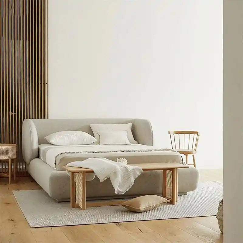 Norix ideal for those shopping , this also suits apartment setups with its knock-down-friendly build.; Norix platform bed shown as an upholstered bed.