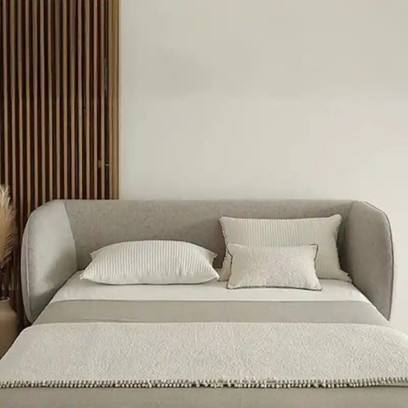 Norix soft beige wrap-around bed photo with and for master bedroom; Norix platform bed shown as an upholstered bed.