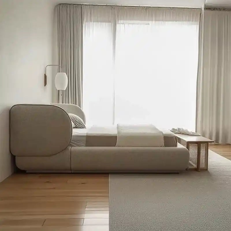 Norix soft beige upholstered bed image showing frame in modern style; Norix platform bed shown as an upholstered bed.