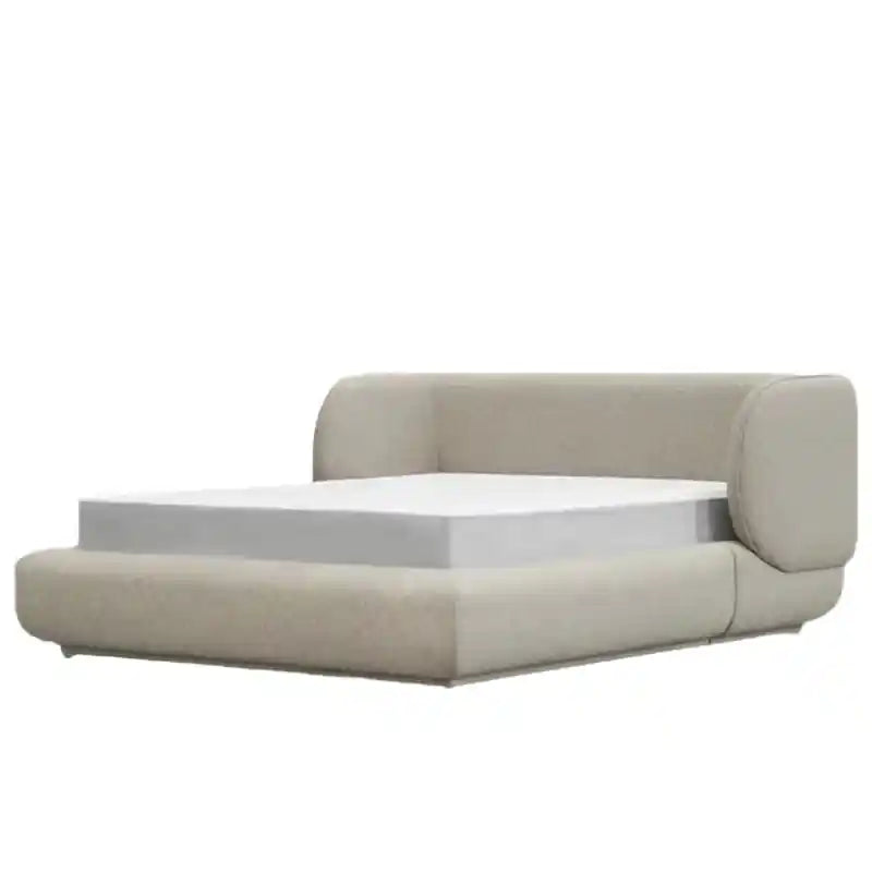 Norix cocoon headboard pics with plush finish and for contemporary bedrooms - beige; Norix platform bed shown as an upholstered bed.