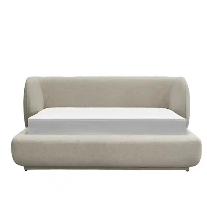 Norix picture of fully padded bed base with concealed frame and appeal - beige; Norix platform bed shown as an upholstered bed.