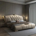 Full side profile showing plush wingback, master bedroom bed design, bed frame