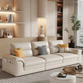 Cream upholstered L shape couch design with premium sofa fabric and deep seating