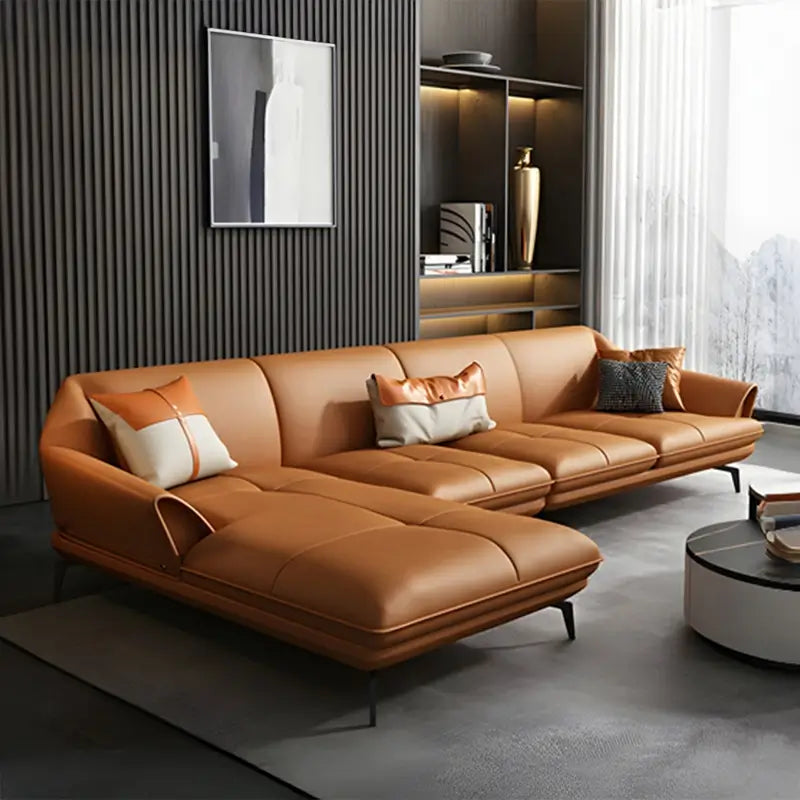Varek L Shape Leather Sofa with Curved Arms