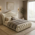 Cream tufted headboard bed frame modern bed design with gold legs and fabric upholstery