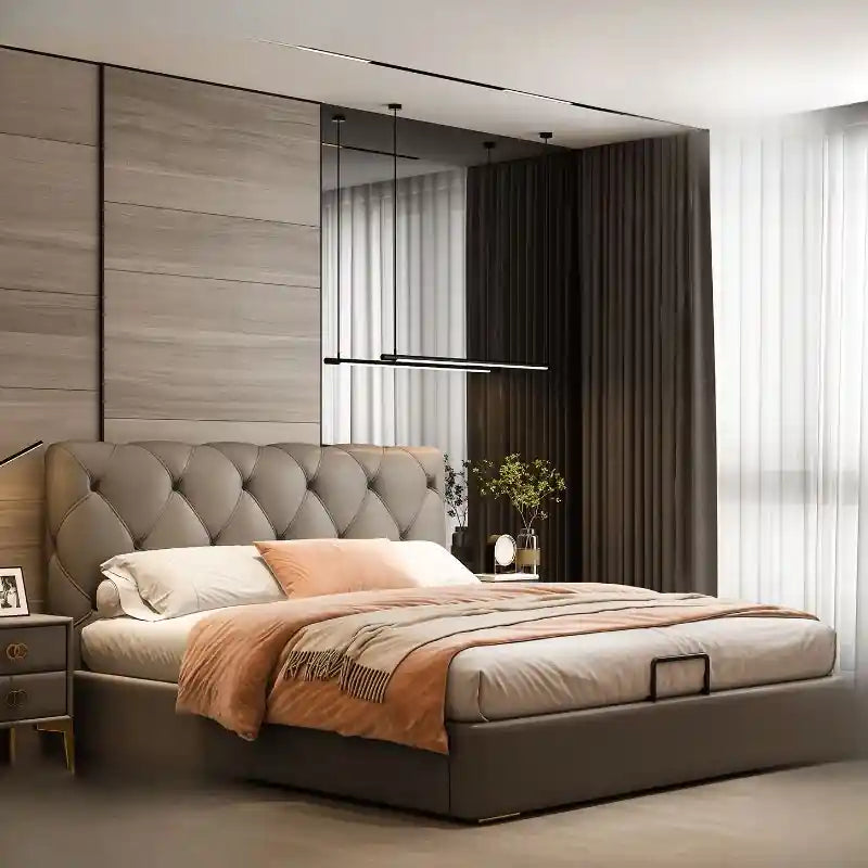 Taupe faux leather bed with diamond tufted headboard, hydraulic bed, cot design, king size
