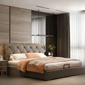 Taupe faux leather bed with diamond tufted headboard, hydraulic bed, cot design, king size