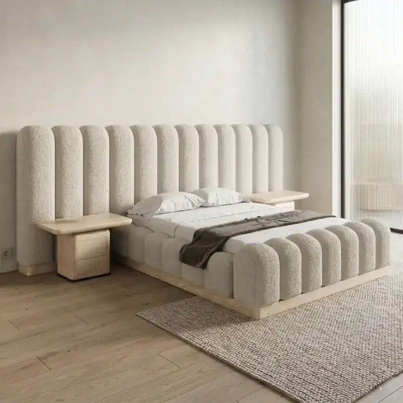 Gavio Boucle Bed with Soft Textured Fabric and Side Tables