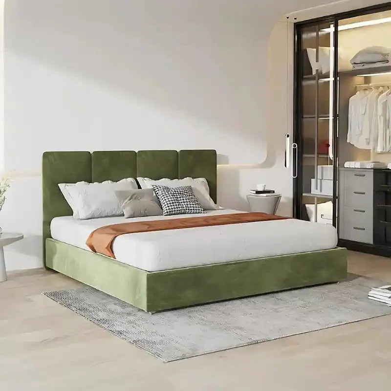 Calix boxy green velvet with plush headboard; Calix storage bed shown as a hydraulic bed.