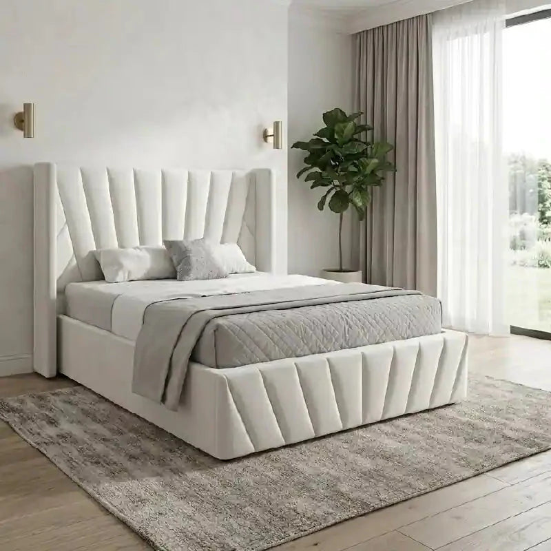 Cream wingback upholstered bed frame modern bed design geometric tufting