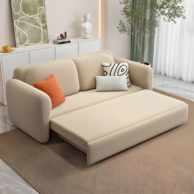 Sofacumbed with pull-out sofa bed mechanism, compact straight layout, rounded padded arms, split back cushions, couch bed comfort, and convertible sofa bed use