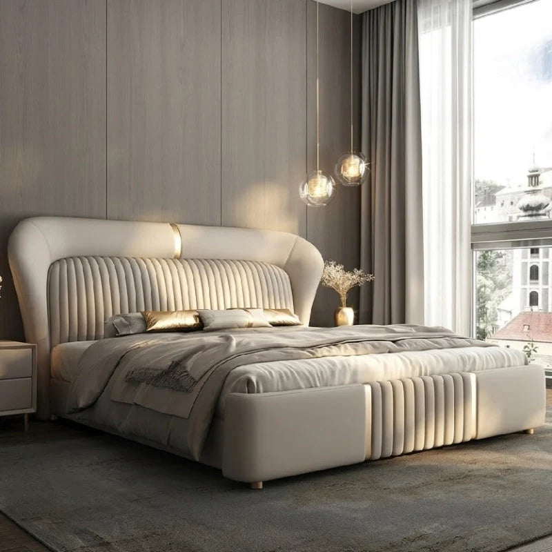 Wingback padded headboard, hydraulic bed and bed frame, cream upholstered fabric