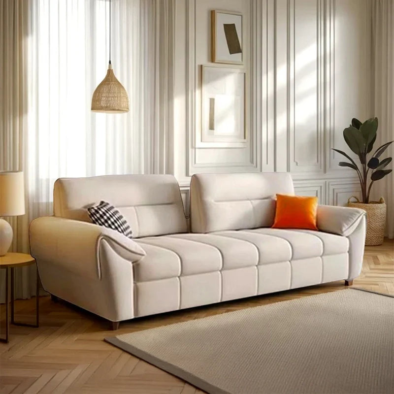 Sofa cum bed with pull-out mechanism, sofa cumm bed function, seamless flatbed layout, geometric tufted panels, pocket spring comfort, and sofa bed couch use