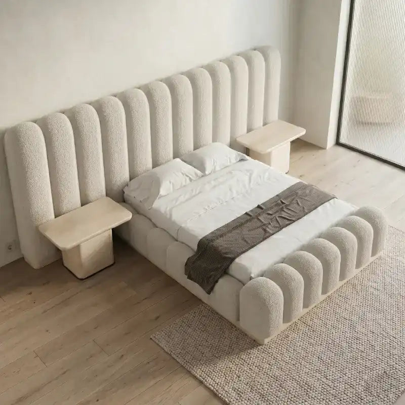 Gavio Boucle Bed with Soft Textured Fabric and Side Tables