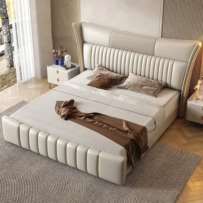 King size upholstered bed featuring beige leatherette upholstery, luxury wingback headboard, diamond quilting and contemporary modern bed frame design