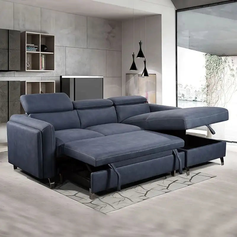 Pull-out L shape sofa bed with right-hand chaise, sofa bed with storage, slim black metal legs, and medium-firm cushioning
