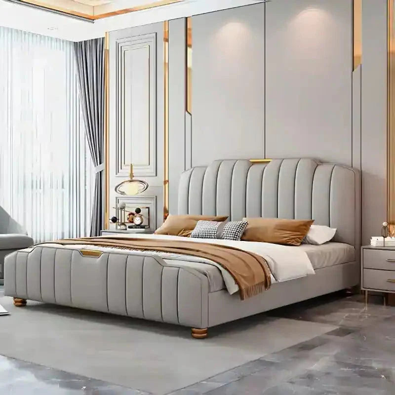 Ashford side profile and upholstered rails; Ashford bed with headboard shown as an upholstered bed.