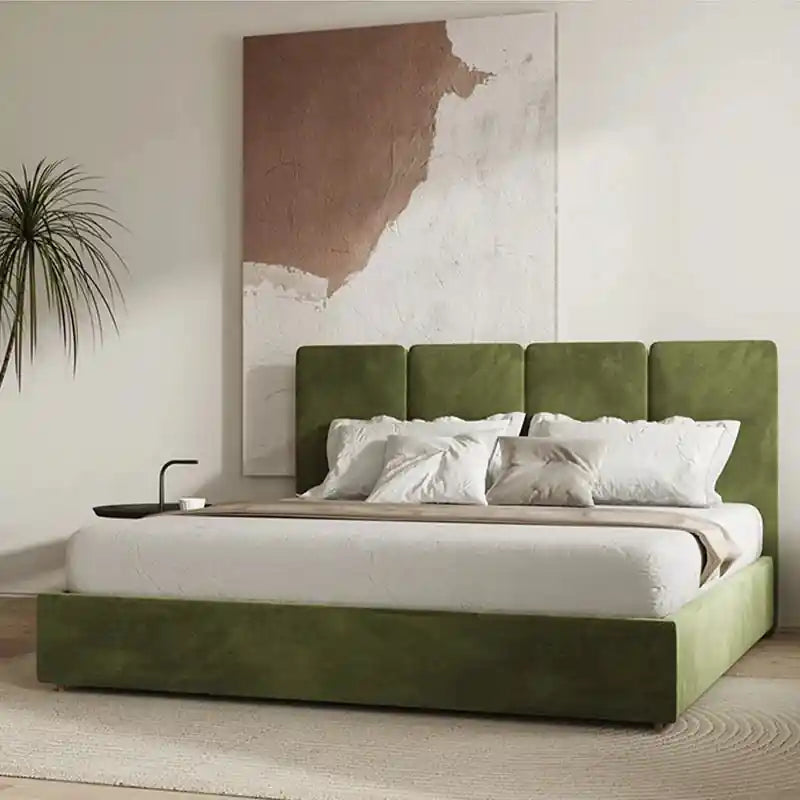 Calix tall padded headboard panel; Calix storage bed shown as a hydraulic bed.