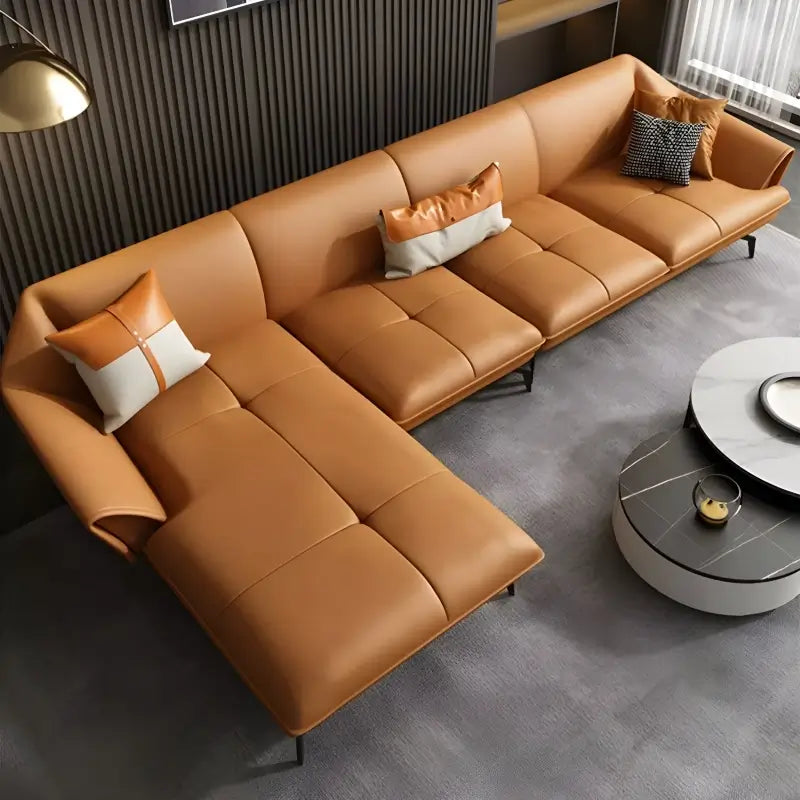 Varek L Shape Leather Sofa with Curved Arms