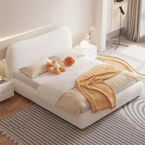 Curved headboard close-up in plush texture – hydraulic bed, modern bed design