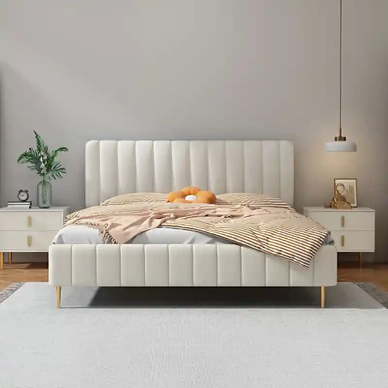 Celan upholstered in cream fabric with padded headboard; Celan upholstered bed shown as a platform bed.